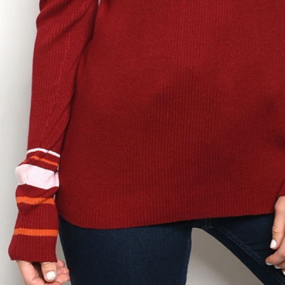 Burgundy w/pink stripe turtleneck sweater top. - Picture 5 of 8